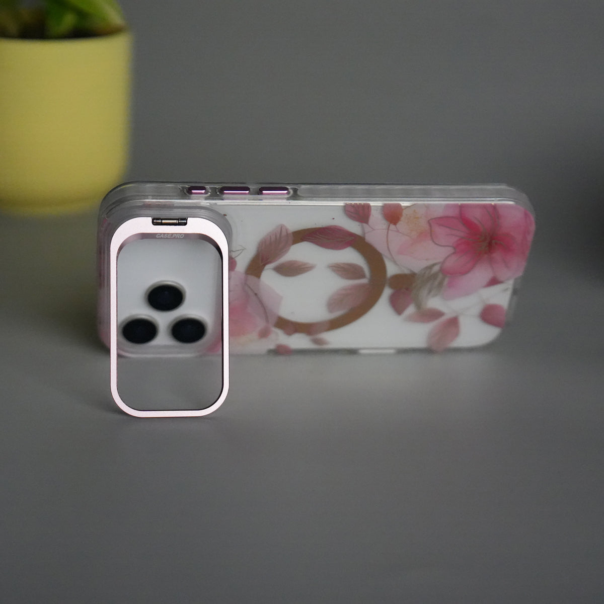 iPhone 17 Pro Max FloraCrystal Clear Floral Design Case with Color Metal Camera Stand Frame