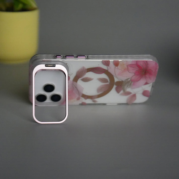 iPhone 17 Pro Max FloraCrystal Clear Floral Design Case with Color Metal Camera Stand Frame