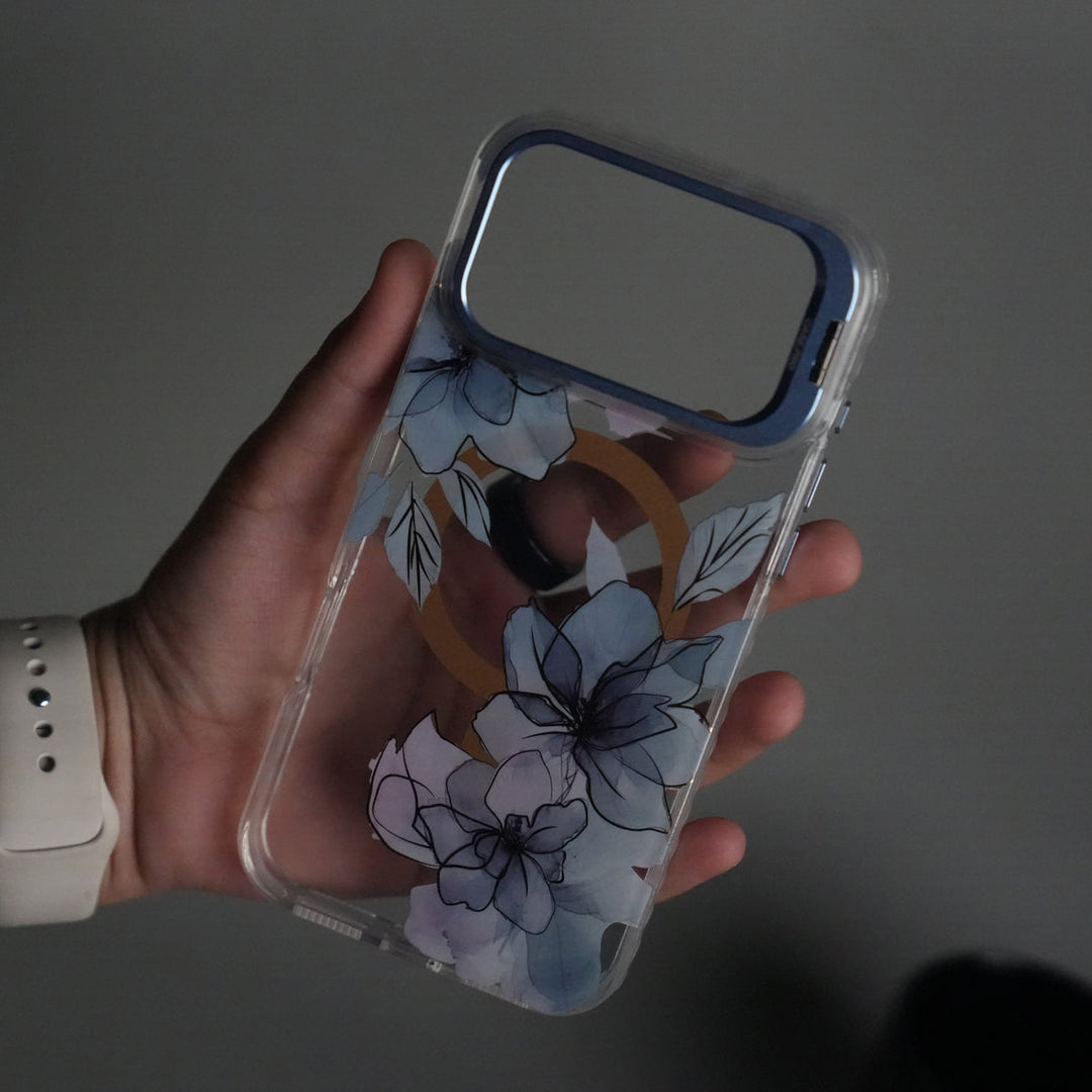 iPhone 17 Pro Max FloraCrystal Clear Floral Design Case with Color Metal Camera Stand Frame