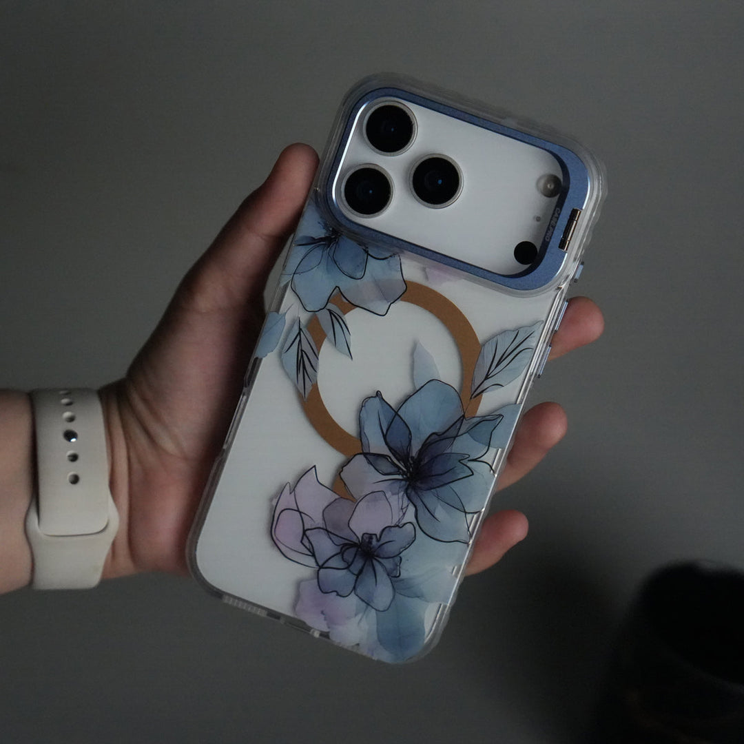 iPhone 17 Pro Max FloraCrystal Clear Floral Design Case with Color Metal Camera Stand Frame