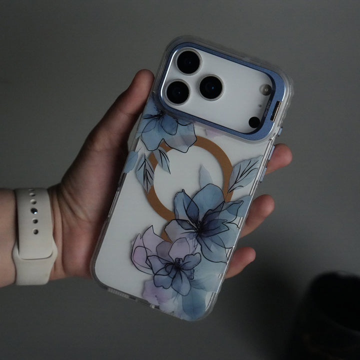 iPhone 17 Pro Max FloraCrystal Clear Floral Design Case with Color Metal Camera Stand Frame