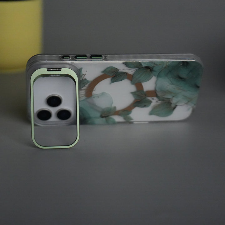 iPhone 17 Pro Max FloraCrystal Clear Floral Design Case with Color Metal Camera Stand Frame