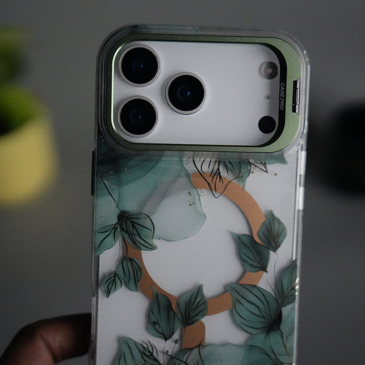 iPhone 17 Pro Max FloraCrystal Clear Floral Design Case with Color Metal Camera Stand Frame