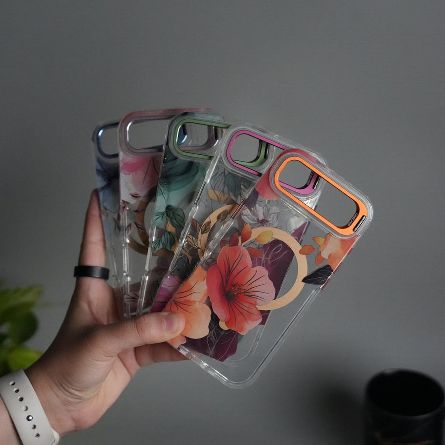 iPhone 17 Air FloraCrystal Clear Floral Design Case with Color Metal Camera Stand Frame
