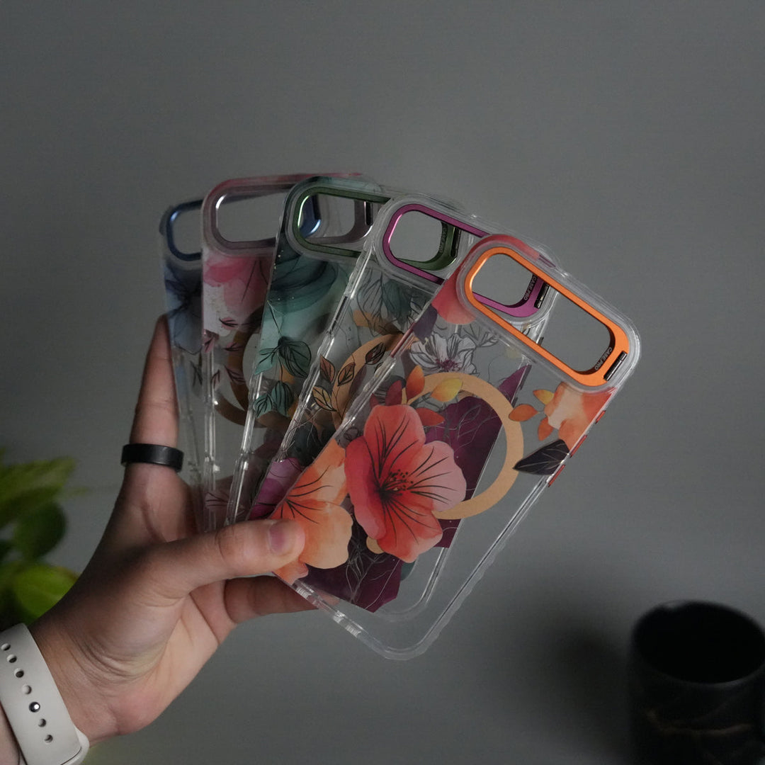 iPhone 17 Air FloraCrystal Clear Floral Design Case with Color Metal Camera Stand Frame