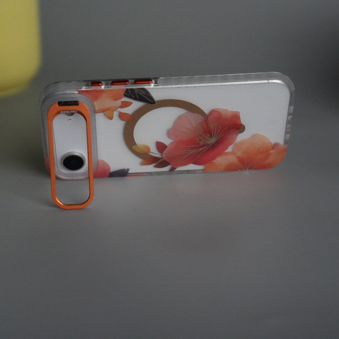 iPhone 17 Air FloraCrystal Clear Floral Design Case with Color Metal Camera Stand Frame