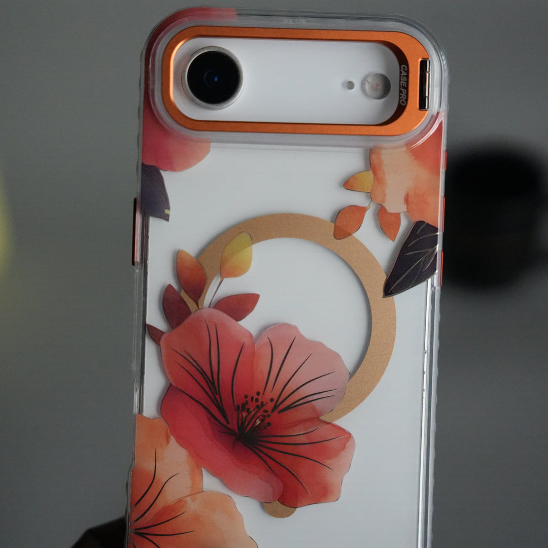iPhone 17 Air FloraCrystal Clear Floral Design Case with Color Metal Camera Stand Frame