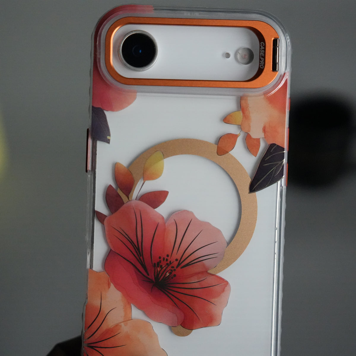 iPhone 17 Air FloraCrystal Clear Floral Design Case with Color Metal Camera Stand Frame