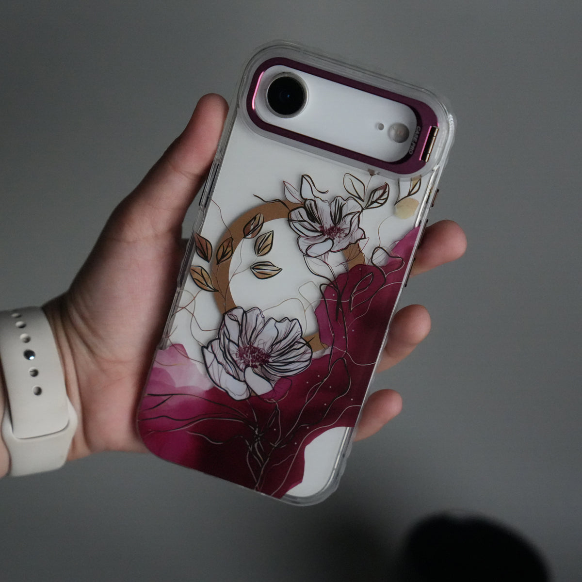 iPhone 17 Air FloraCrystal Clear Floral Design Case with Color Metal Camera Stand Frame