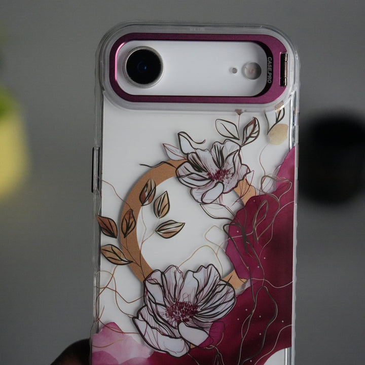 iPhone 17 Air FloraCrystal Clear Floral Design Case with Color Metal Camera Stand Frame