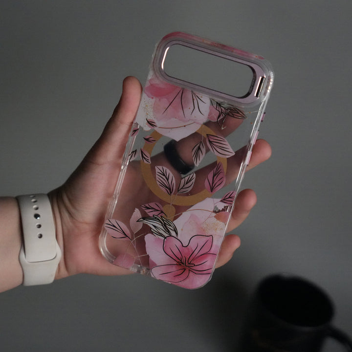 iPhone 17 Air FloraCrystal Clear Floral Design Case with Color Metal Camera Stand Frame