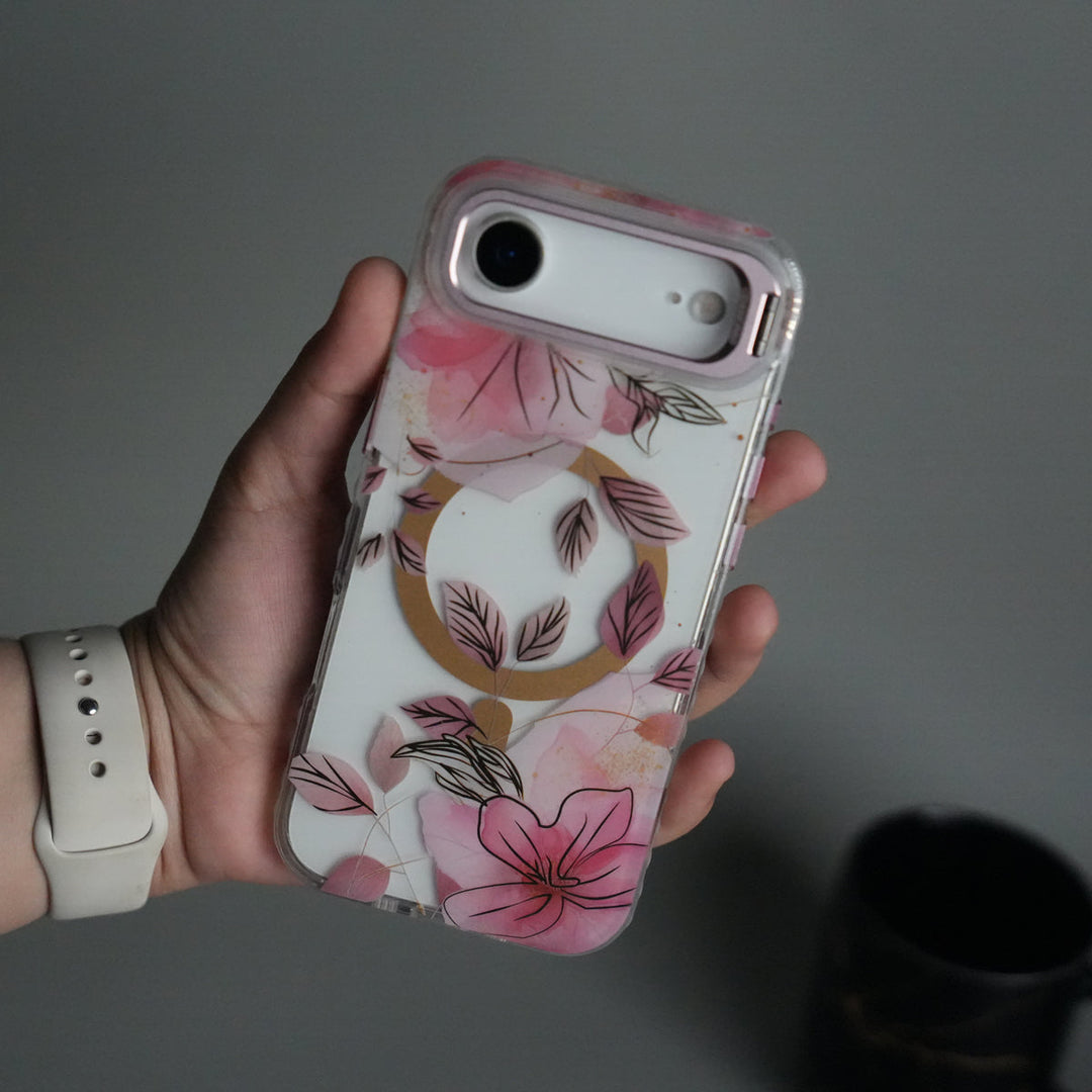 iPhone 17 Air FloraCrystal Clear Floral Design Case with Color Metal Camera Stand Frame