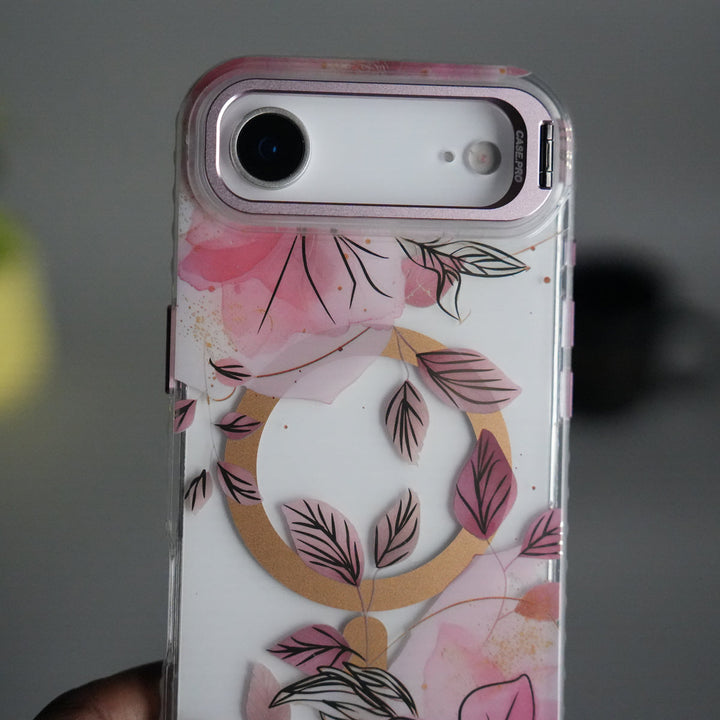 iPhone 17 Air FloraCrystal Clear Floral Design Case with Color Metal Camera Stand Frame