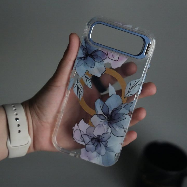 iPhone 17 Air FloraCrystal Clear Floral Design Case with Color Metal Camera Stand Frame