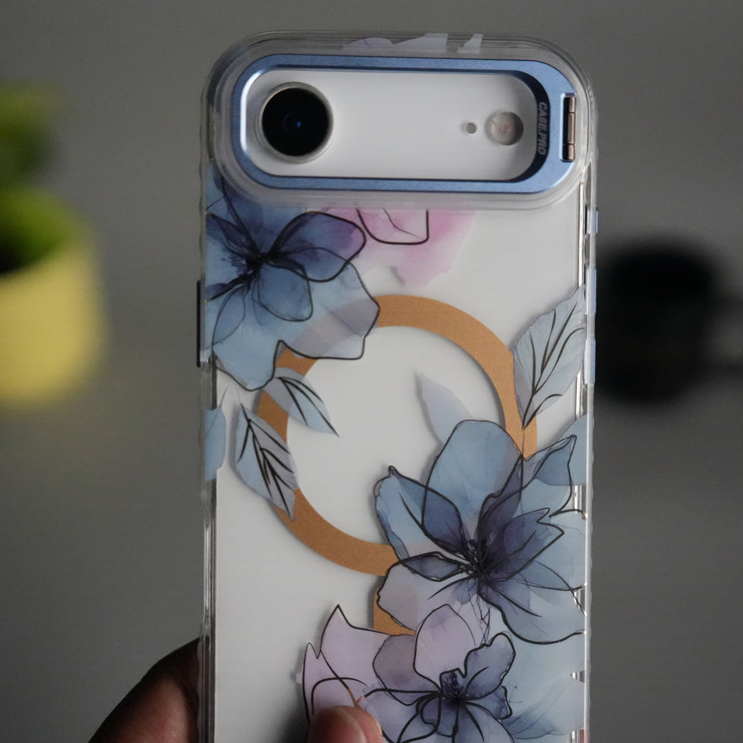 iPhone 17 Air FloraCrystal Clear Floral Design Case with Color Metal Camera Stand Frame