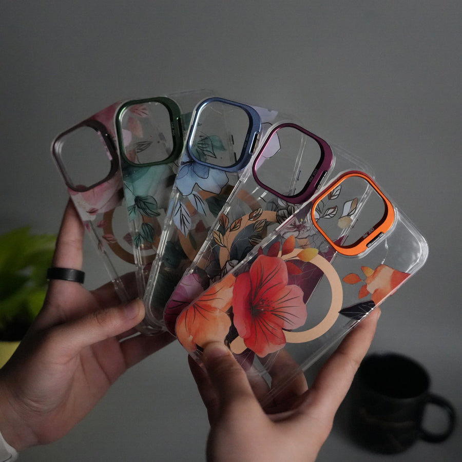 iPhone 16 FloraCrystal Clear Floral Design Case with Color Metal Camera Stand Frame