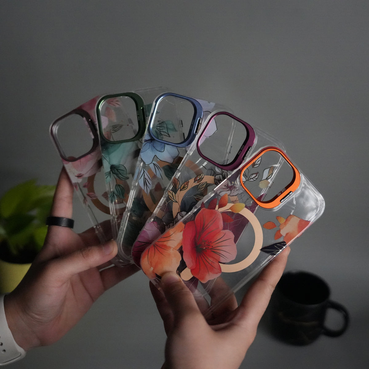iPhone 16 FloraCrystal Clear Floral Design Case with Color Metal Camera Stand Frame