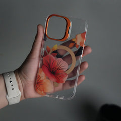iPhone 16 FloraCrystal Clear Floral Design Case with Color Metal Camera Stand Frame