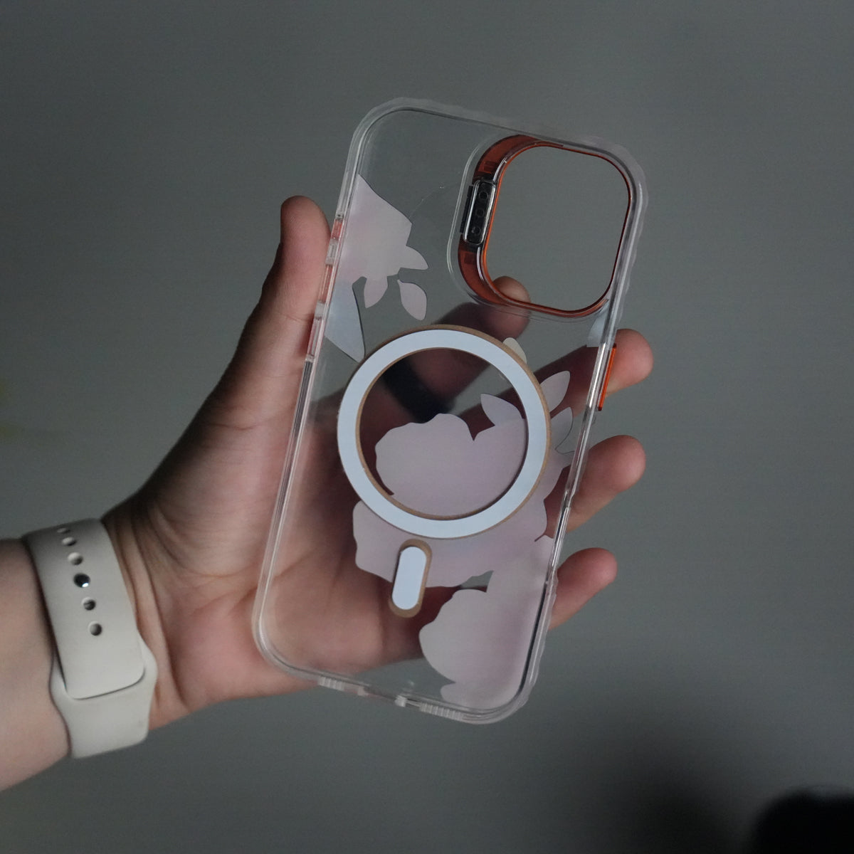 iPhone 16 FloraCrystal Clear Floral Design Case with Color Metal Camera Stand Frame
