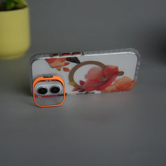 iPhone 16 FloraCrystal Clear Floral Design Case with Color Metal Camera Stand Frame