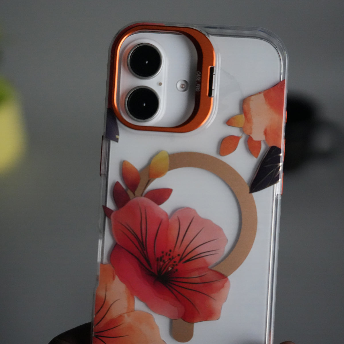 iPhone 16 FloraCrystal Clear Floral Design Case with Color Metal Camera Stand Frame