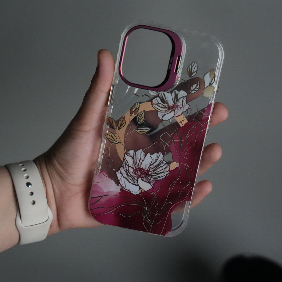 iPhone 16 FloraCrystal Clear Floral Design Case with Color Metal Camera Stand Frame