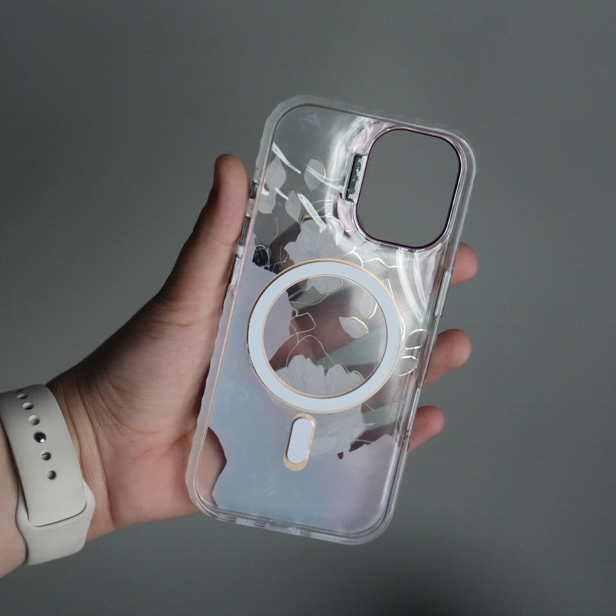 iPhone 16 FloraCrystal Clear Floral Design Case with Color Metal Camera Stand Frame