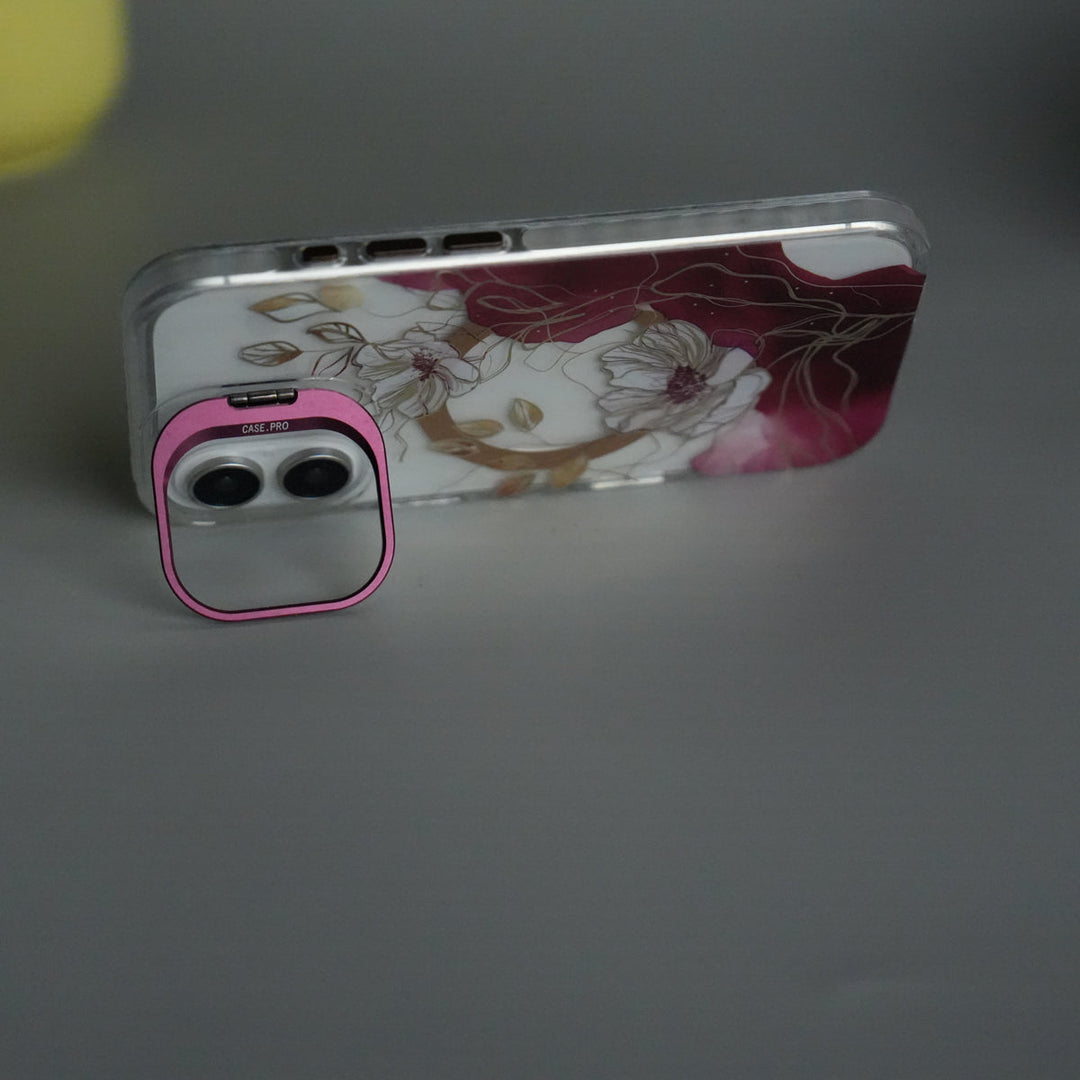 iPhone 16 FloraCrystal Clear Floral Design Case with Color Metal Camera Stand Frame