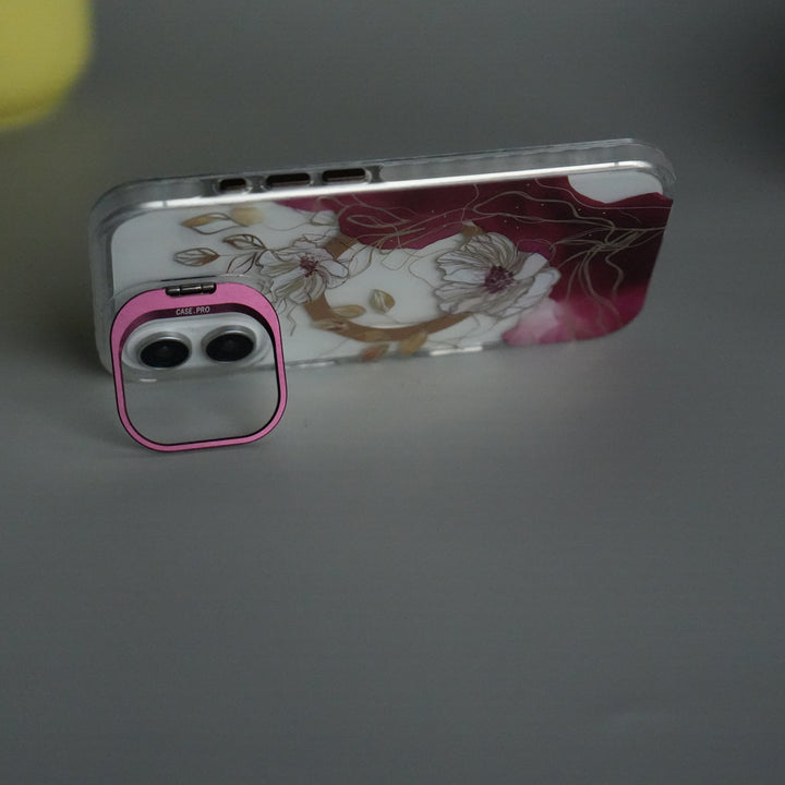 iPhone 16 FloraCrystal Clear Floral Design Case with Color Metal Camera Stand Frame