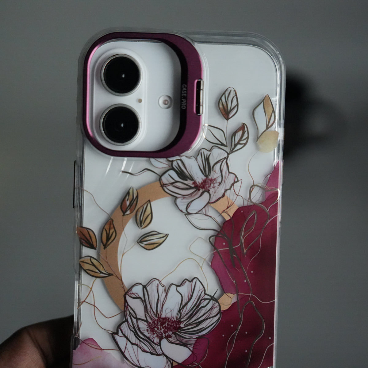 iPhone 16 FloraCrystal Clear Floral Design Case with Color Metal Camera Stand Frame