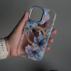 iPhone 16 FloraCrystal Clear Floral Design Case with Color Metal Camera Stand Frame