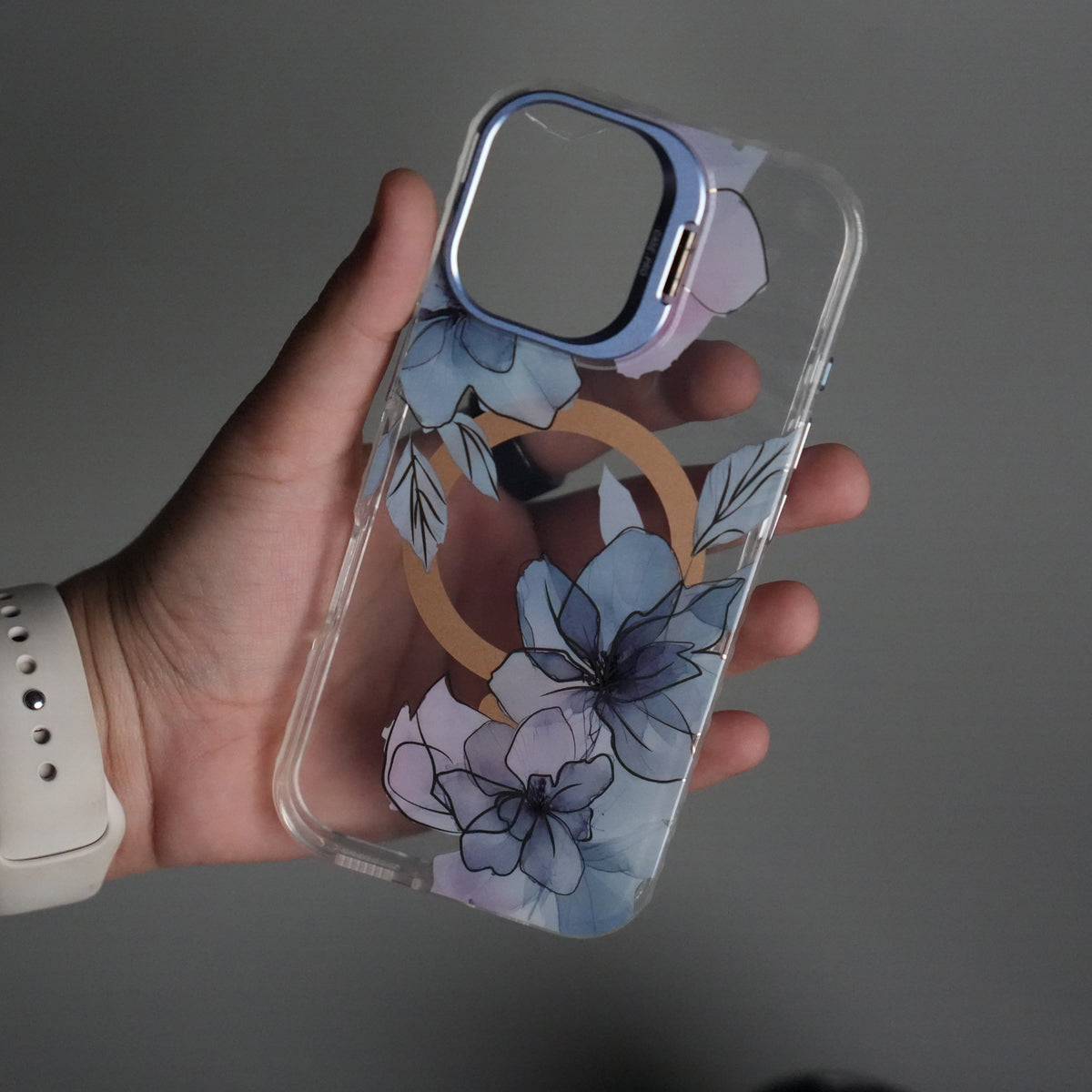 iPhone 16 FloraCrystal Clear Floral Design Case with Color Metal Camera Stand Frame