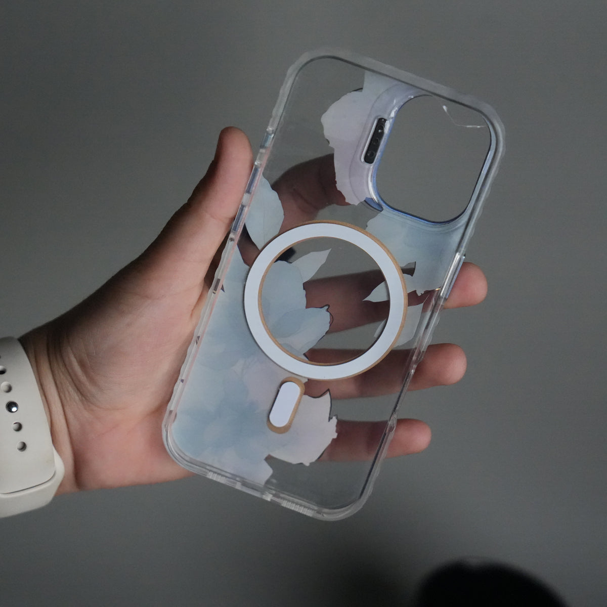 iPhone 16 FloraCrystal Clear Floral Design Case with Color Metal Camera Stand Frame