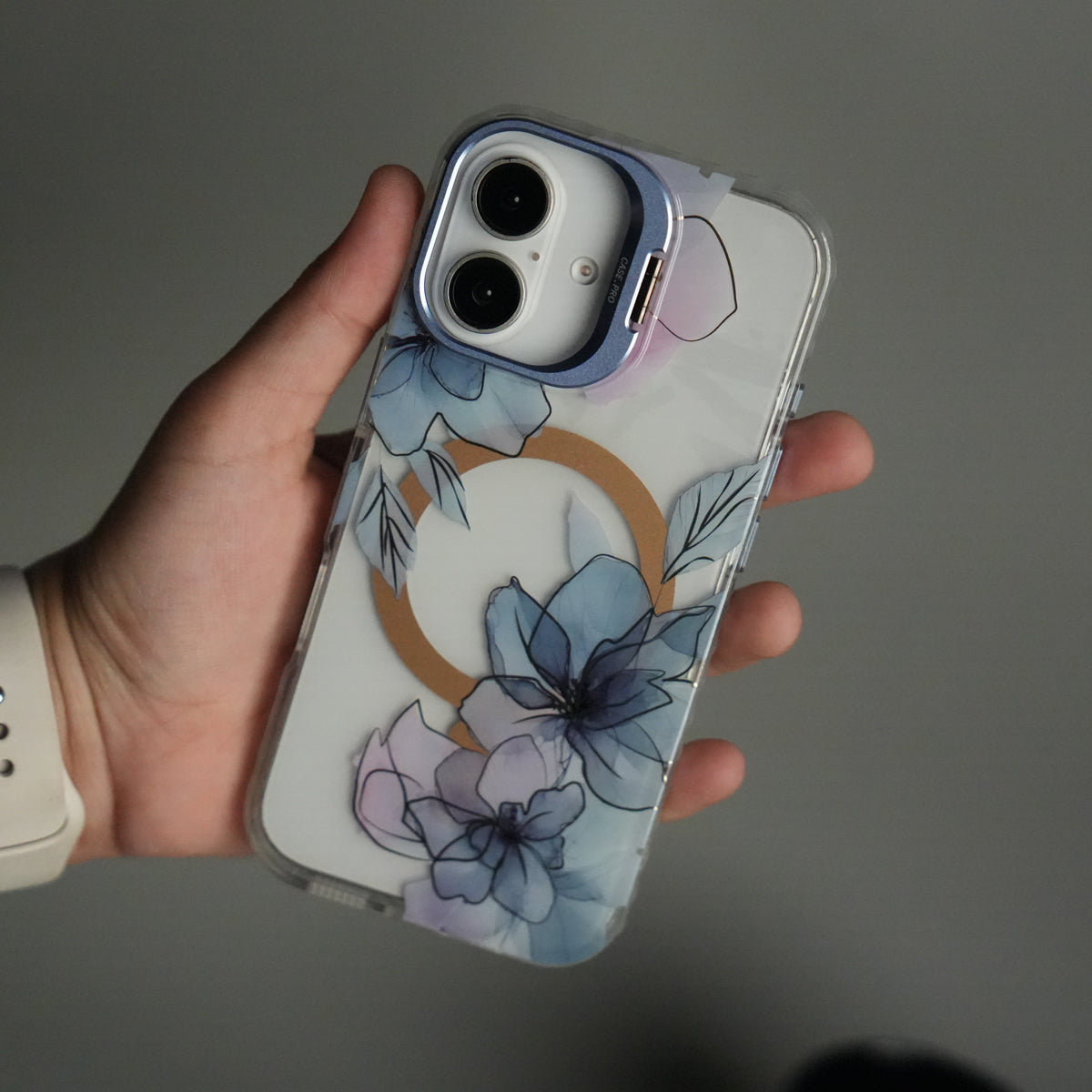 iPhone 16 FloraCrystal Clear Floral Design Case with Color Metal Camera Stand Frame