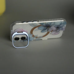 iPhone 16 FloraCrystal Clear Floral Design Case with Color Metal Camera Stand Frame