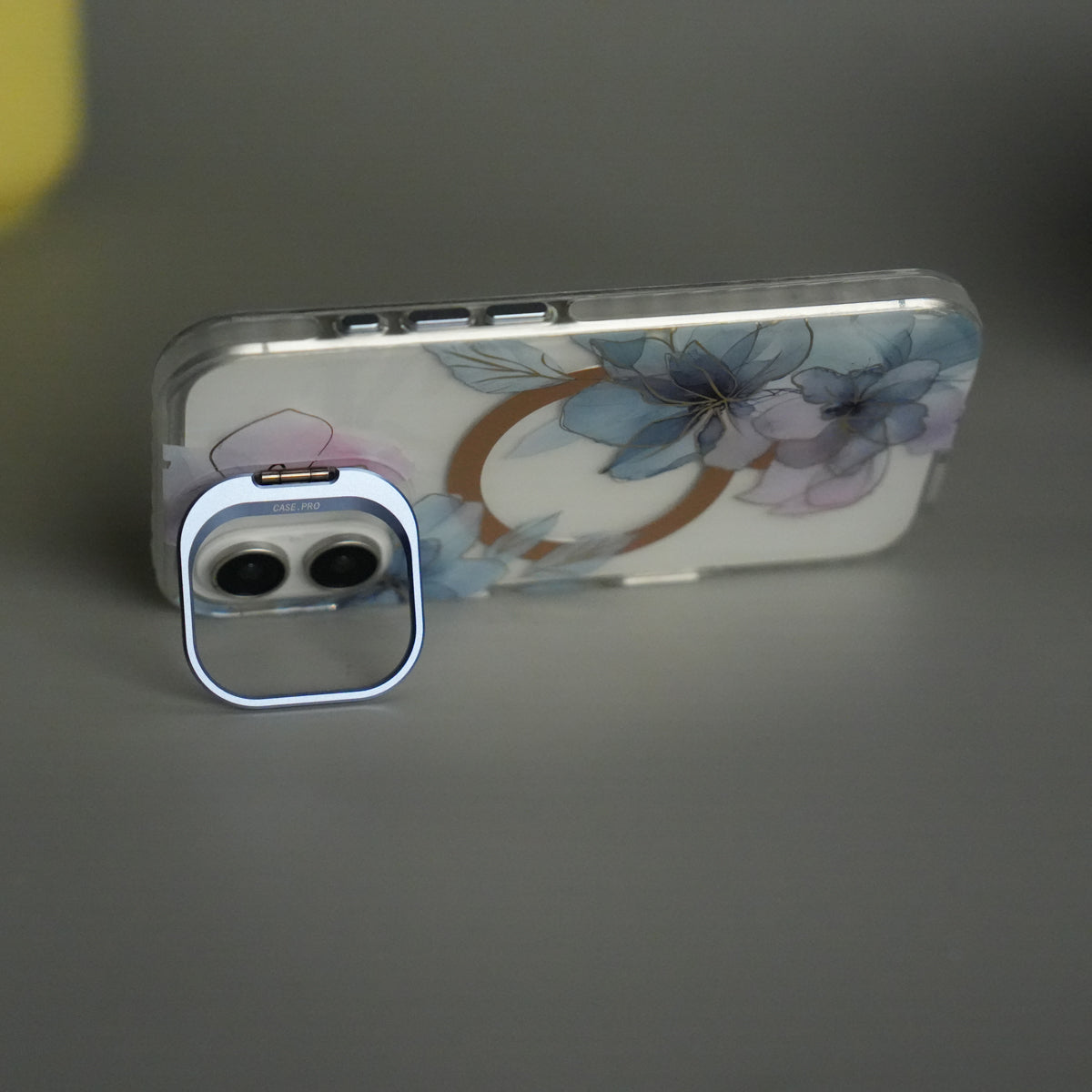 iPhone 16 FloraCrystal Clear Floral Design Case with Color Metal Camera Stand Frame