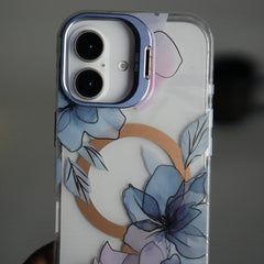 iPhone 16 FloraCrystal Clear Floral Design Case with Color Metal Camera Stand Frame