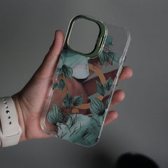 iPhone 16 FloraCrystal Clear Floral Design Case with Color Metal Camera Stand Frame