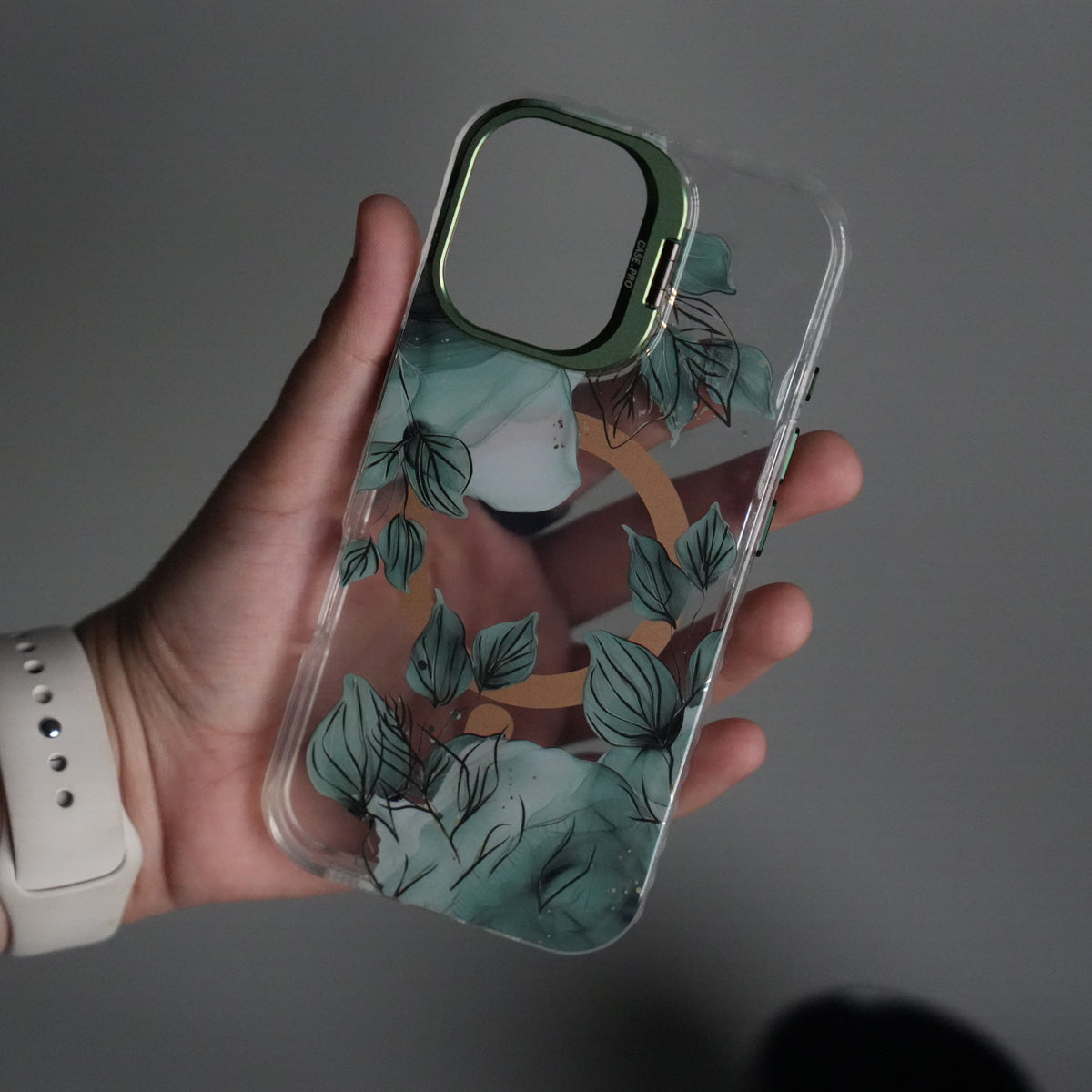 iPhone 16 FloraCrystal Clear Floral Design Case with Color Metal Camera Stand Frame