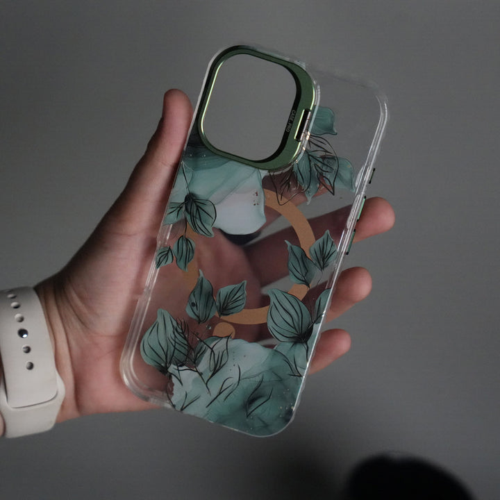 iPhone 16 FloraCrystal Clear Floral Design Case with Color Metal Camera Stand Frame