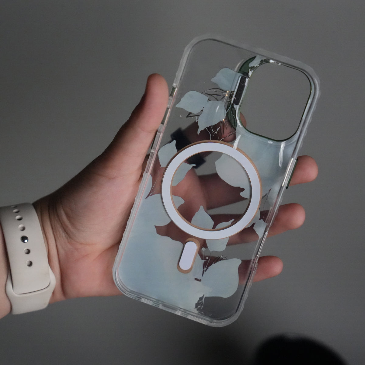 iPhone 16 FloraCrystal Clear Floral Design Case with Color Metal Camera Stand Frame