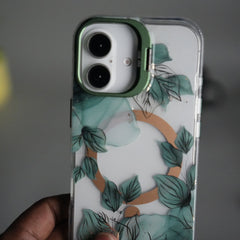 iPhone 16 FloraCrystal Clear Floral Design Case with Color Metal Camera Stand Frame