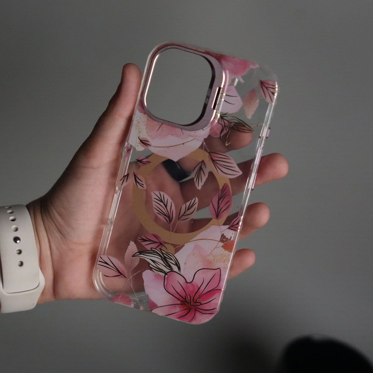 iPhone 16 FloraCrystal Clear Floral Design Case with Color Metal Camera Stand Frame