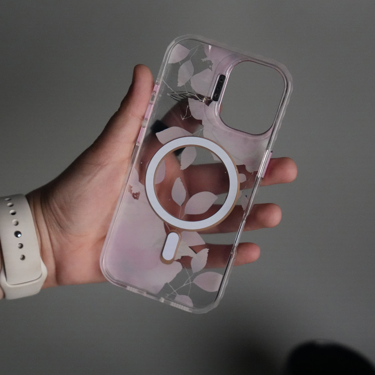 iPhone 16 FloraCrystal Clear Floral Design Case with Color Metal Camera Stand Frame