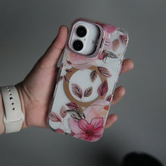 iPhone 16 FloraCrystal Clear Floral Design Case with Color Metal Camera Stand Frame