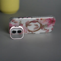 iPhone 16 FloraCrystal Clear Floral Design Case with Color Metal Camera Stand Frame