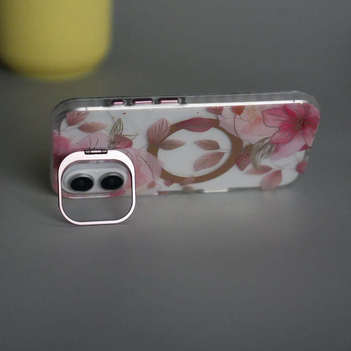 iPhone 16 FloraCrystal Clear Floral Design Case with Color Metal Camera Stand Frame