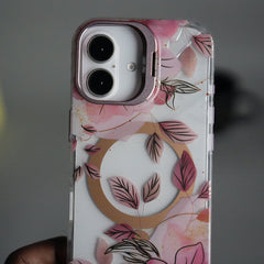 iPhone 16 FloraCrystal Clear Floral Design Case with Color Metal Camera Stand Frame