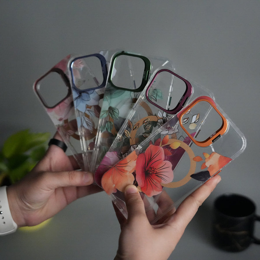 iPhone 15 Pro Max FloraCrystal Clear Floral Design Case with Color Metal Camera Stand Frame