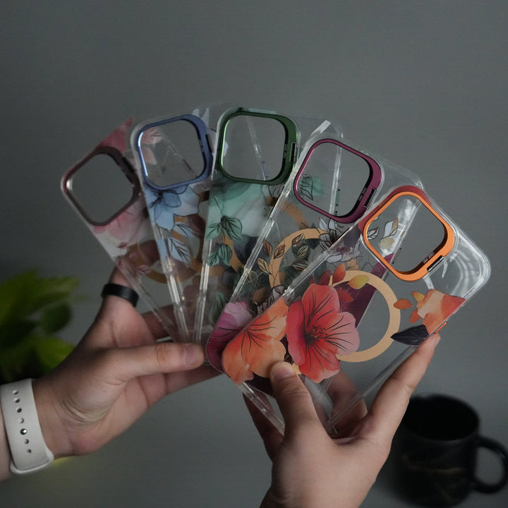 iPhone 16 Pro Max FloraCrystal Clear Floral Design Case with Color Metal Camera Stand Frame